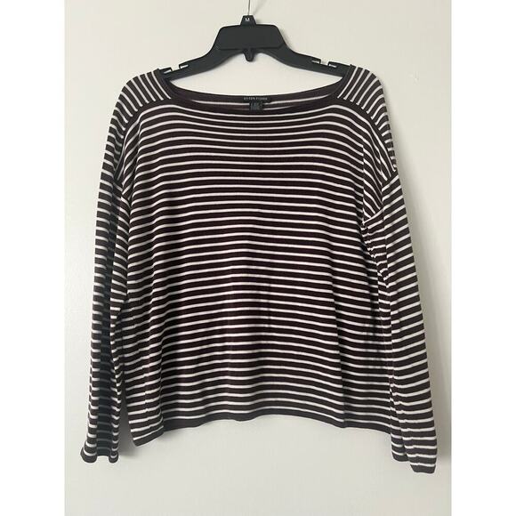 Eileen Fisher Bateau-Neck Brown White Stripe Sweater Sz M - Picture 4 of 8